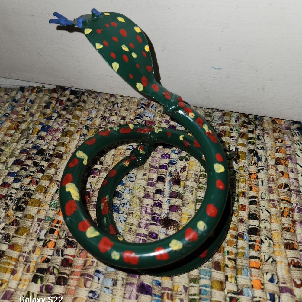 Handmade Painted  Folkart Metal Spring Garden Snake Sculpture 6 inches